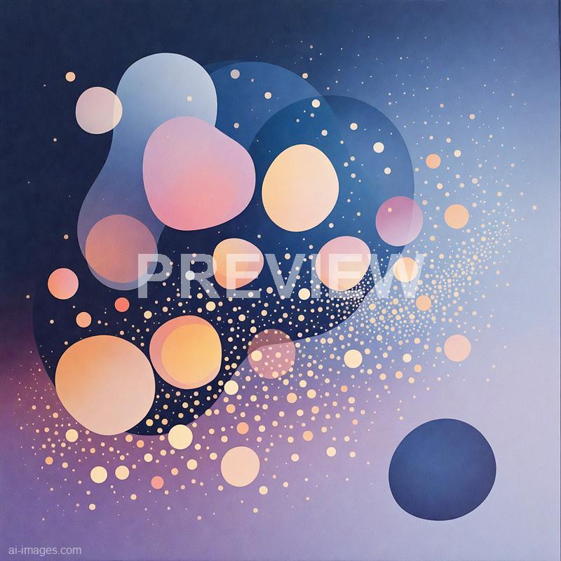 The image features an abstract digital artwork with a dark blue background that transitions into lighter shades towards the right. It showcases numerous overlapping circles of varying sizes in pastel colors such as pink, peach, and light blue, creating a sense of depth and motion. Small white dots are scattered throughout, resembling stars or particles, adding a dynamic and cosmic feel to the composition.
